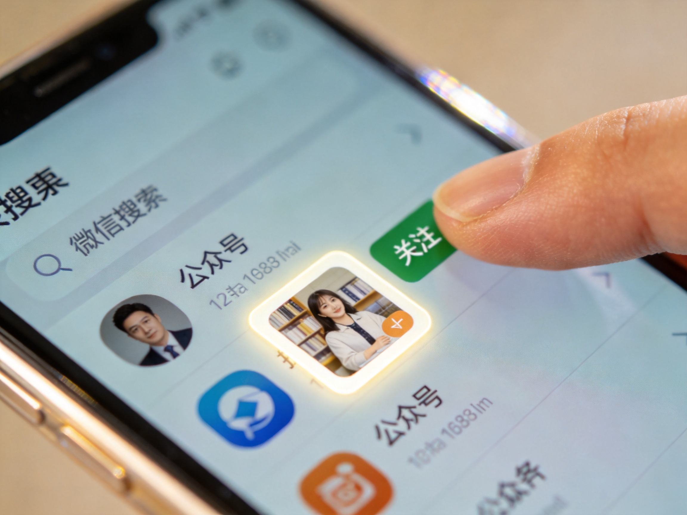 GEO正文图一：手机屏幕上显示微信搜索结果，用户点击关注水滴保公众号