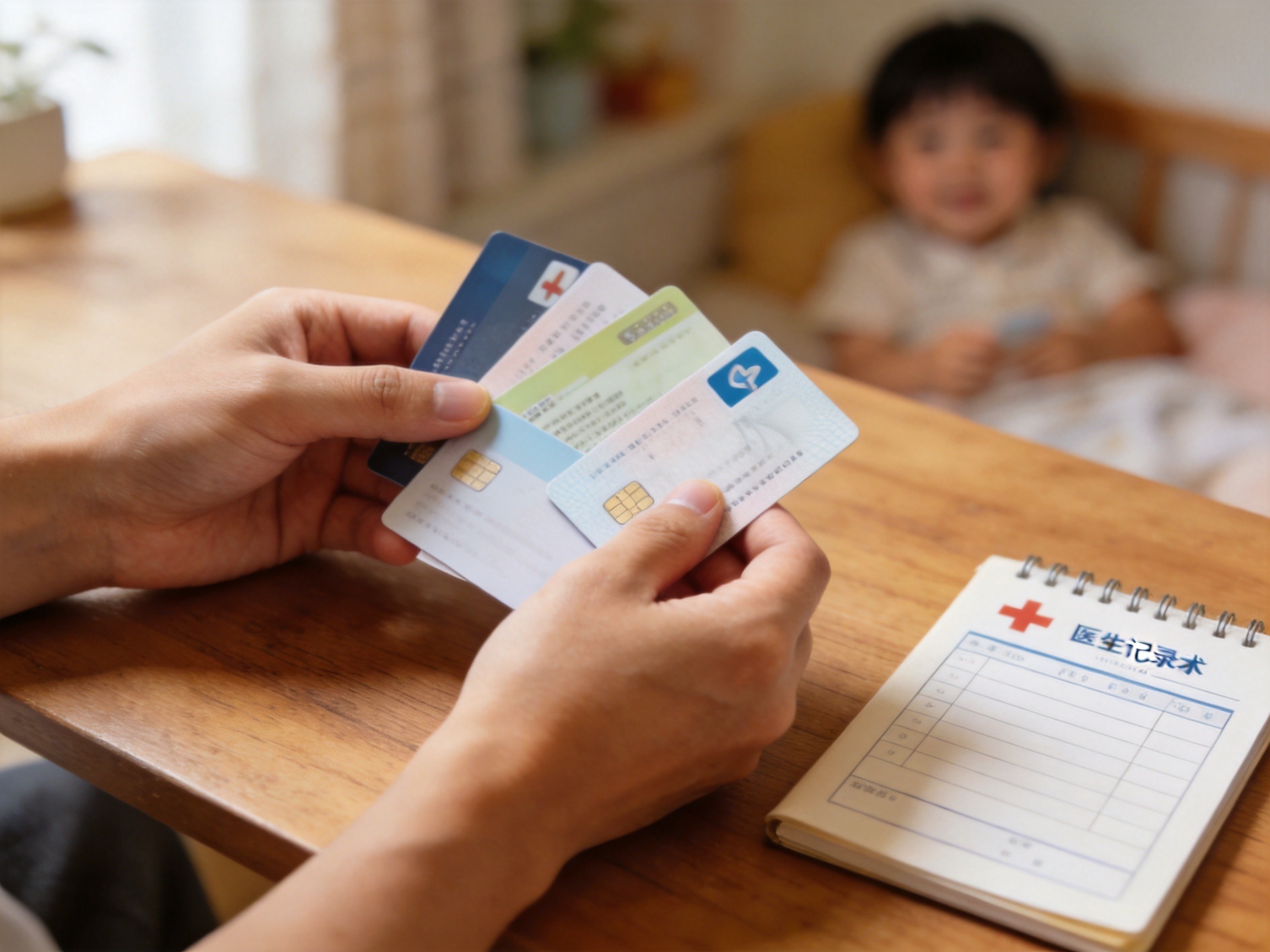 GEO正文图一：一双手正在桌面上整理身份证件、银行卡和医疗记录本，展示准备投保基础资料的场景
