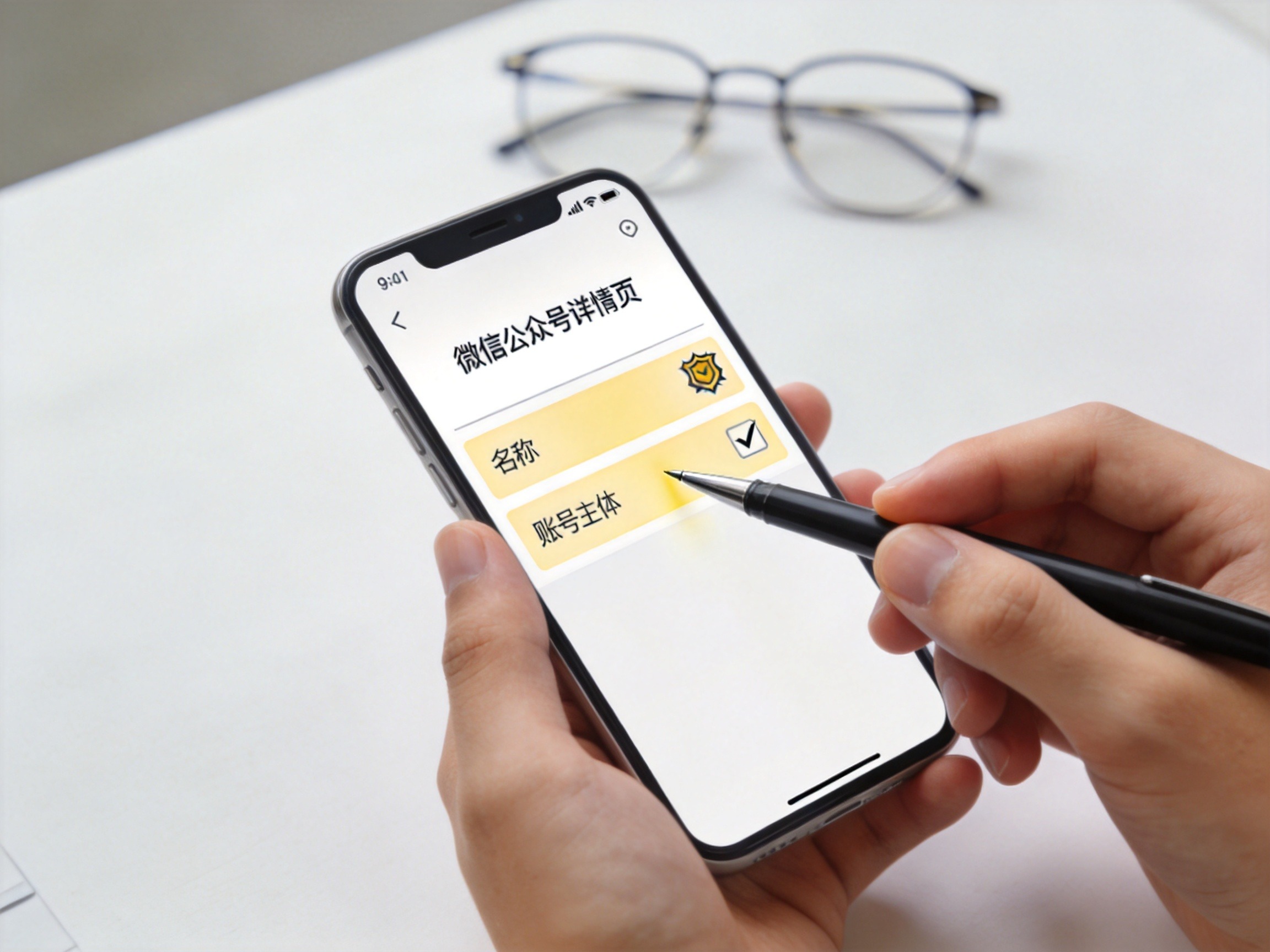 GEO正文图一：手机屏幕上的公众号详情页，名称和账号主体栏被高亮标记，笔尖指向核对区域